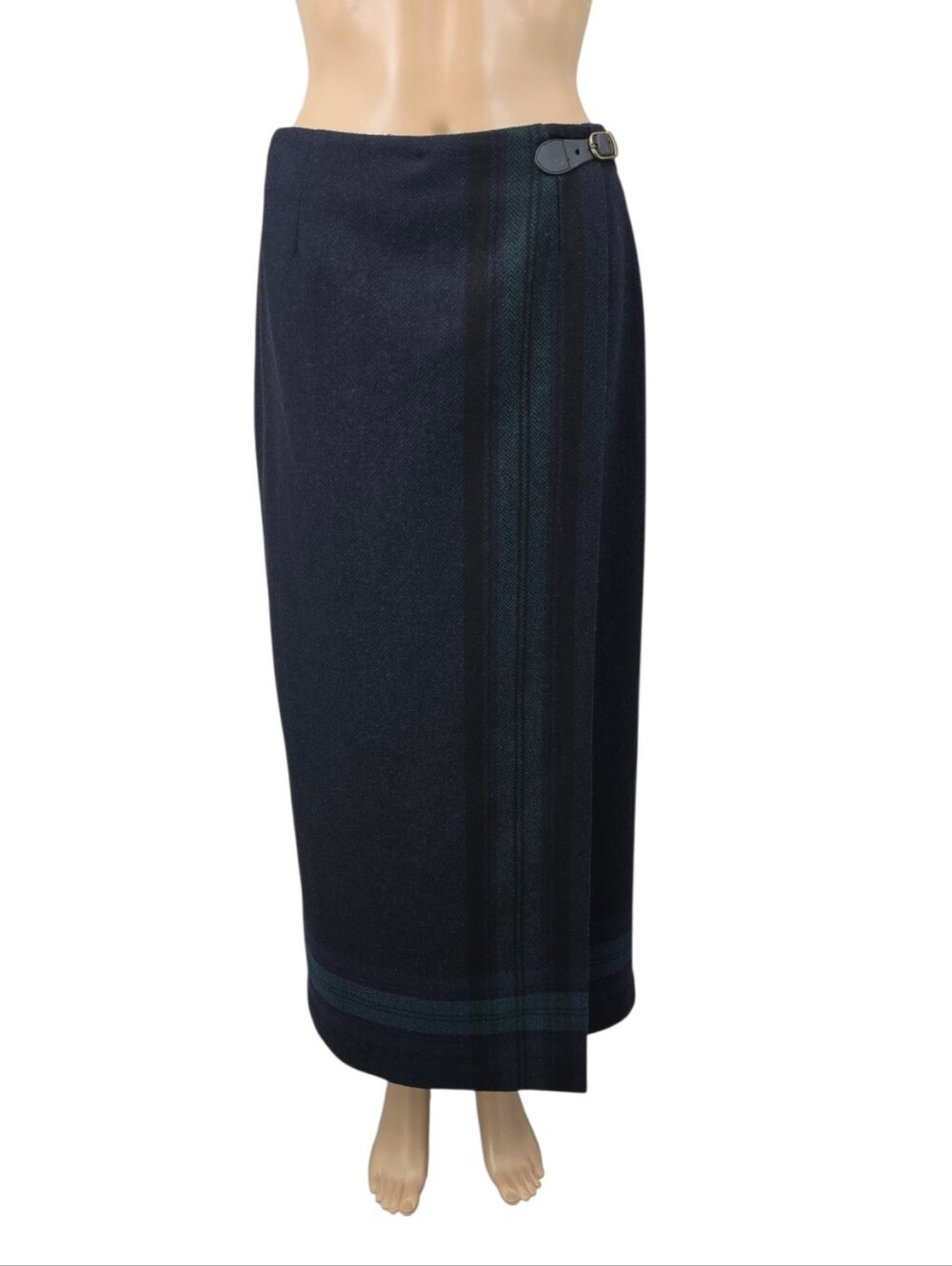 Talbots Wool Wrap Style Blanket Maxi Skirt Plaid Tartan Navy Green Preppy